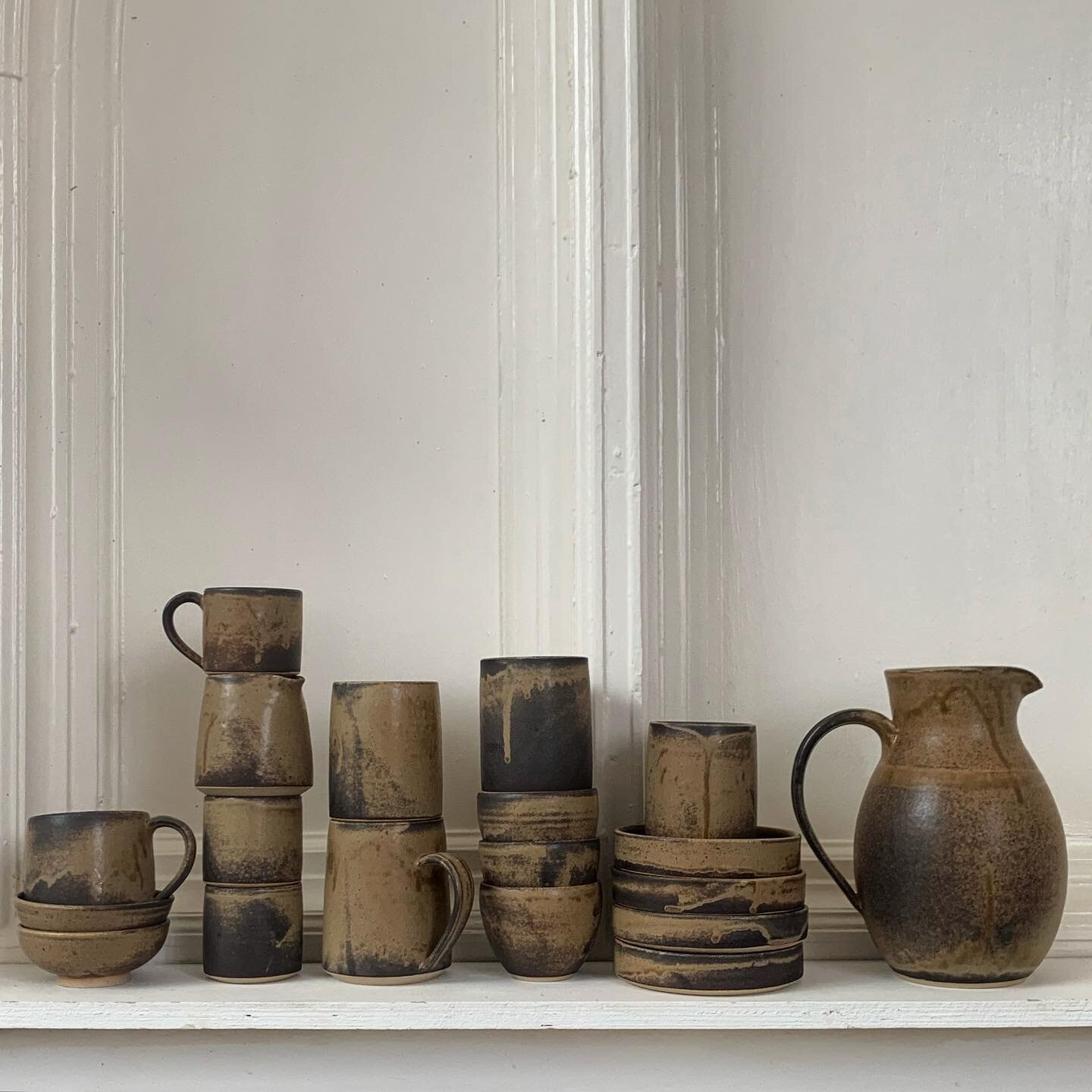 Stacks in Blonde Sandstone - this collection is looking extra warm and rustic with drips and a rusty patina. I&rsquo;m sanding bases, packing work and getting ready for the @glasgowcoffeefestival this weekend at the Briggait. Looking forward to it!