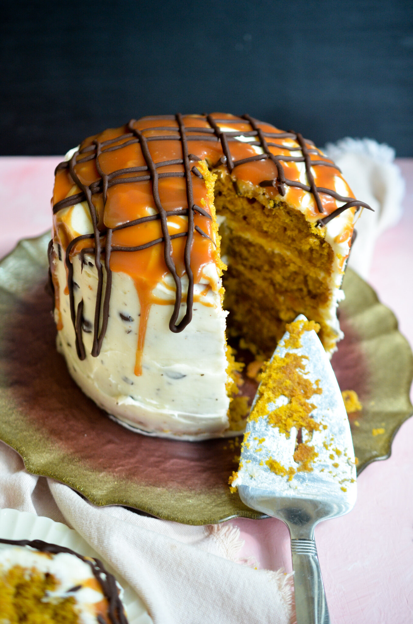 Pumpkin Cake with Cream Cheese Chocolate Chip Frosting
