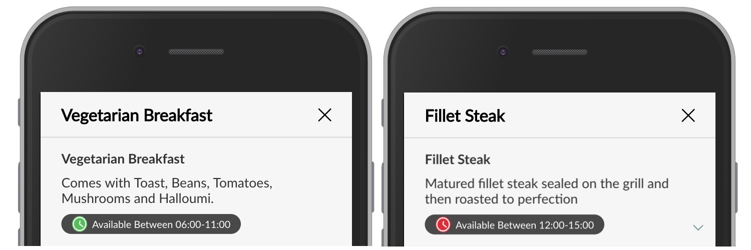 The Availability Period is shown on the Item, the user can order the Breakfast Item, but not the Lunch time unless they change the delivery time