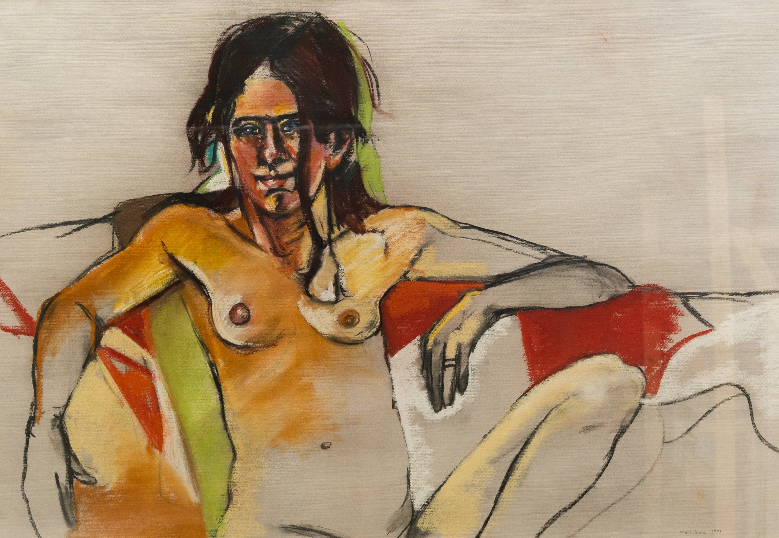 Nude on Red Couch, (1998), Pastel, 46x34 in. [Framed]