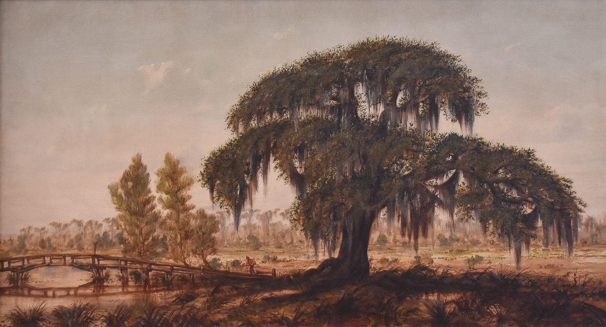  Marshall Joseph Smith, Jr. (American/New Orleans, 1854-1923), "Louisiana Landscape with Live Oak and Men Crossing a Footbridge", oil on canvas, initialed "MJS Jr." lower right, 16 in. x 30 in., antique frame.  Provenance: Descended in the family of 