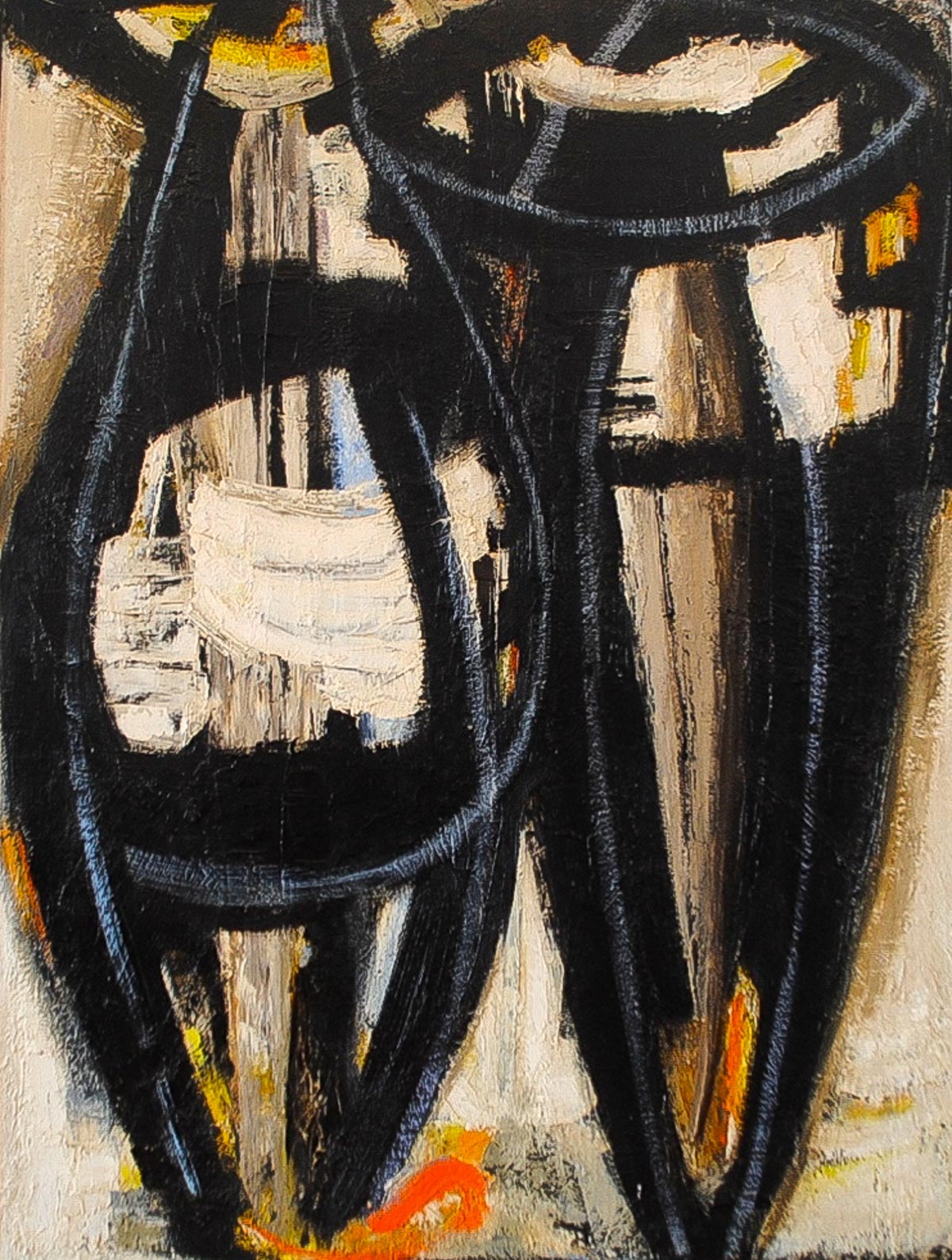  Dusti Bongé (American, 1903-1993)  P-34   Untitled (Two Abstract Figures in White, Black and Blue) , 1955  Oil on masonite, signed and dated lower right, 48 x 36 in.  Period Frame.  Exhibited: Betty Parsons Gallery, New York, NY,  Dusti Bonge Solo E