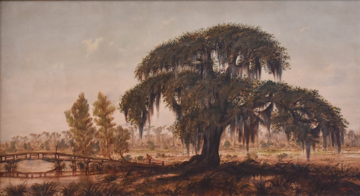  Marshall Joseph Smith, Jr. (American/New Orleans, 1854-1923)   Louisiana Landscape with Live Oak and Man Crossing a Footbridge,   oil on canvas, initialed “MJS Jr.” lower right, 16 x 30 in.  In the original period frame bearing partial label from E.