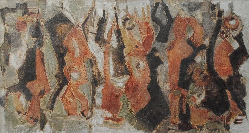 Dusti Bongé (American, 1903-1993) Refused at Revue , 1958 Oil on masonite, signed and dated lower right, 24 x 44 in. In a period frame, 26 x 46 in. Provenance: Collection of Larry Borenstein, New Orleans, Louisiana.