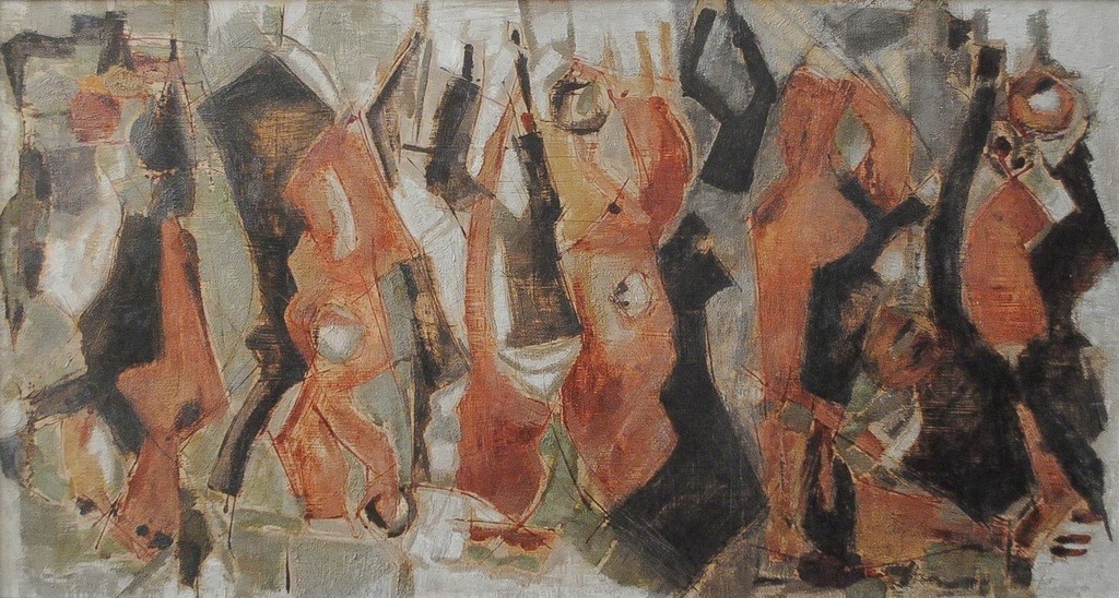   Dusti Bongé (American, 1903-1993)  Refused at Revue , 1958  Oil on masonite, signed and dated lower right, 24 x 44 in. In a period frame, 26 x 46 in.  Provenance: Collection of Larry Borenstein, New Orleans, Louisiana.  SOLD  