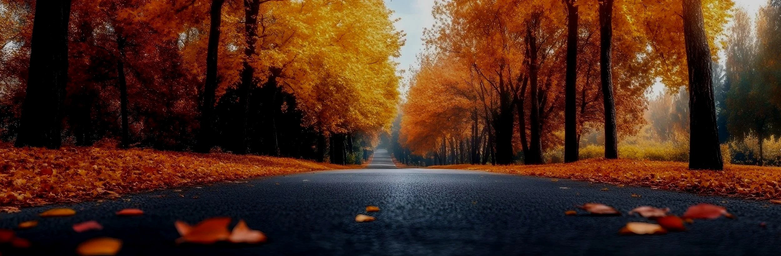 A scenic view of a tree-lined road during autumn, with vibrant orange and yellow leaves, some fallen on the dark asphalt road.