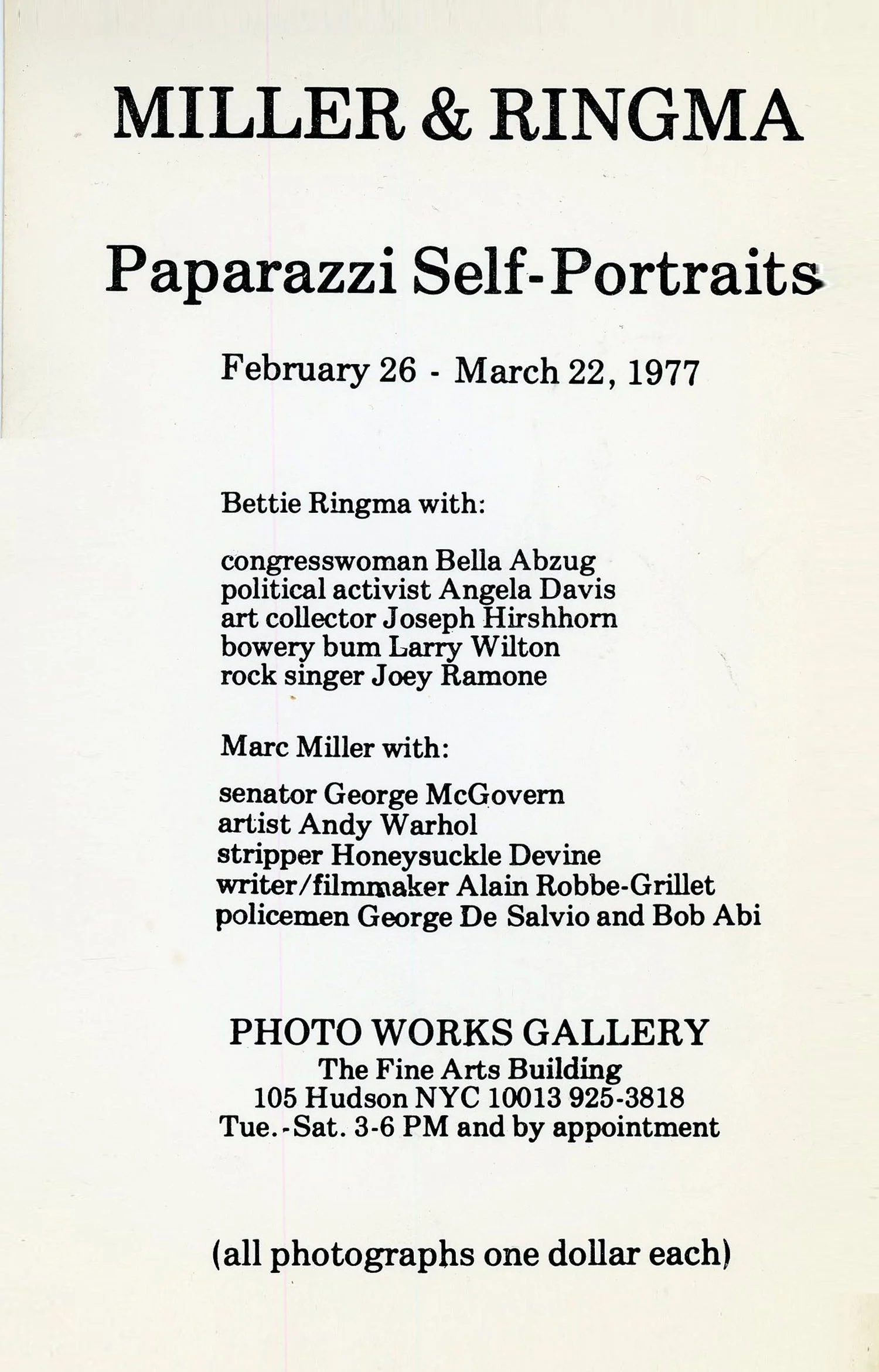 Photo Works Gallery, Miller & Ringma, Paparazzi Self-Portraits, Card, 1977