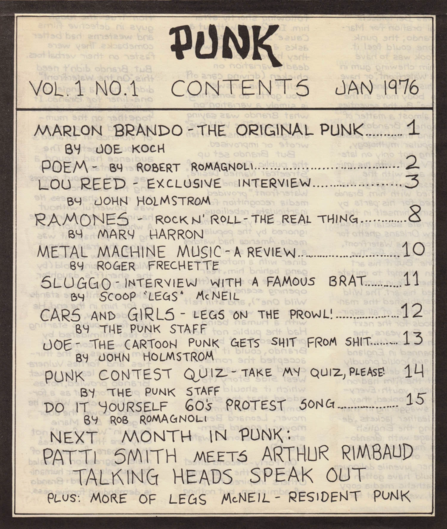 Table of Contents, Punk Magazine, Issue 1, January 1976