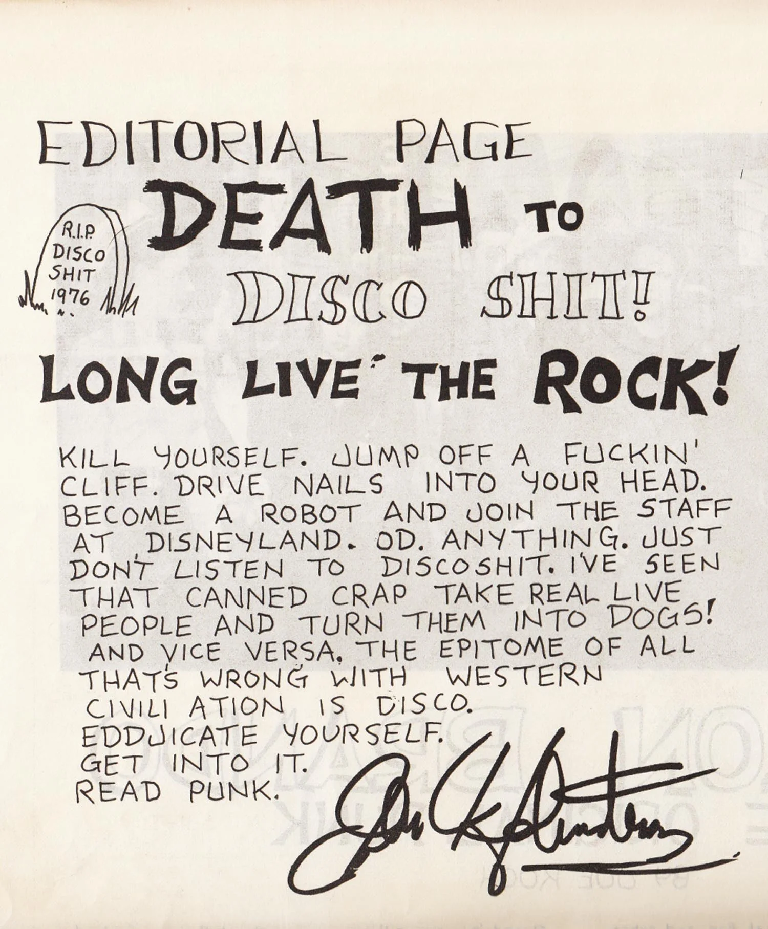 John Holstrom, Editorial from Punk Magazine #1, 1976