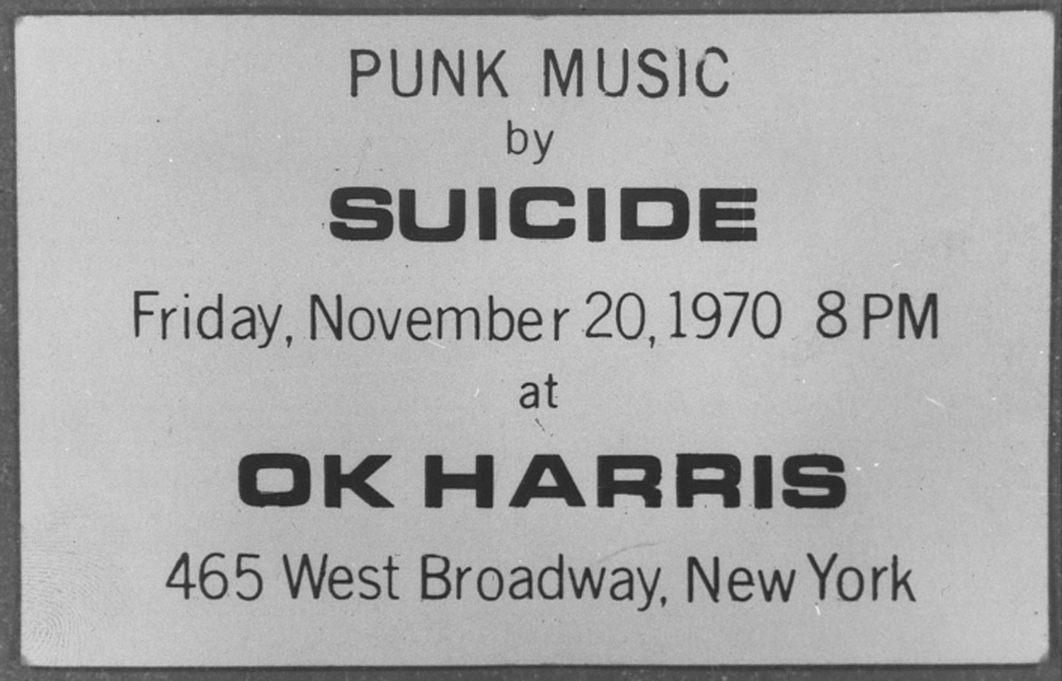 Invite to Suicide show at OK Harris Gallery, 1970
