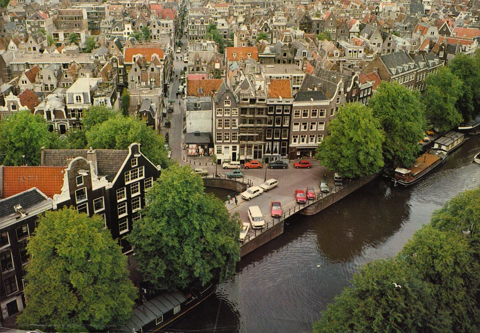 View of the Jordaan from the tower of the Westerkerk. The red boat to the right was where Bettie and I lived in Amsterdam.