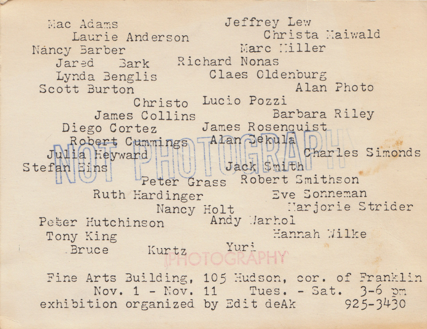 Announcement for "Not Photography," 1975
