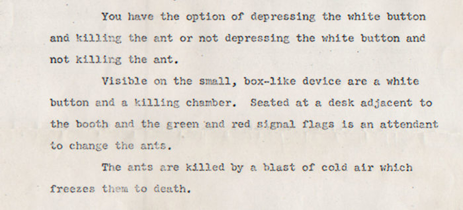 Mike Malloy, description of the killing machine in “Insure the Life of an Ant”, c. 1972.