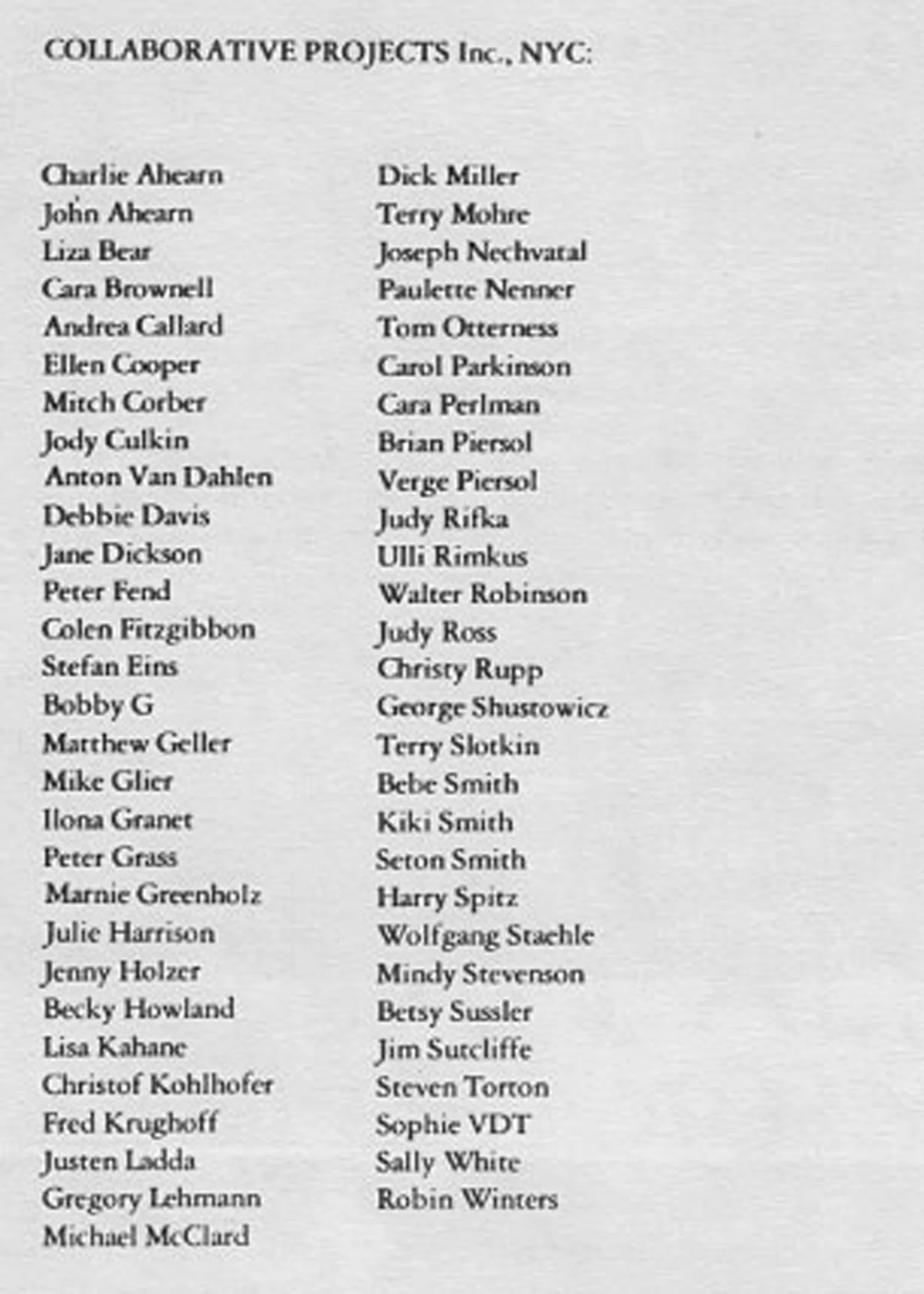 List of artists from Colab Moore college of Art catalogue, 1983