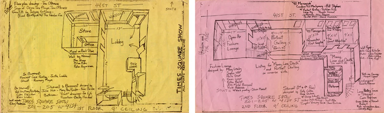 Time Square Show (organized by Colab), map of the 1st and 2nd floors with list of participating artists, 1980. Floor plan drawing by Tom Otterness, notations by John Ahearn