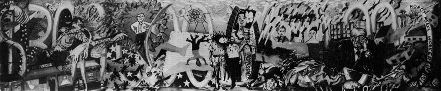 "Three Hundred Billion Dollars" (Colab mural #1), 5' x 24', 1981. Photo from Randolph Street Gallery, Chicago