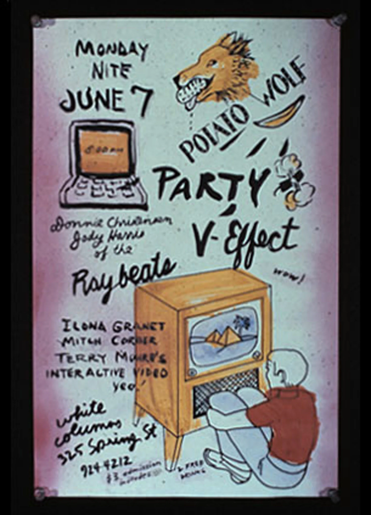 Poster for a party organized by the Colab cable television show Potato Wolf at White Columns, poster by Bobby G with Potato Wolf logo by Becky Howland, c. 1983