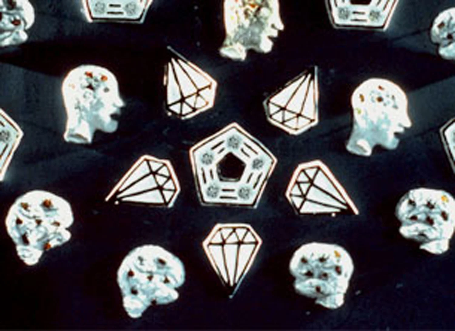 "Pentagons," "Diamonds," "Severed Heads" and "Jelly Bean Brains (For the Reagans)" low-priced multiples by Becky Howland, c. 1983