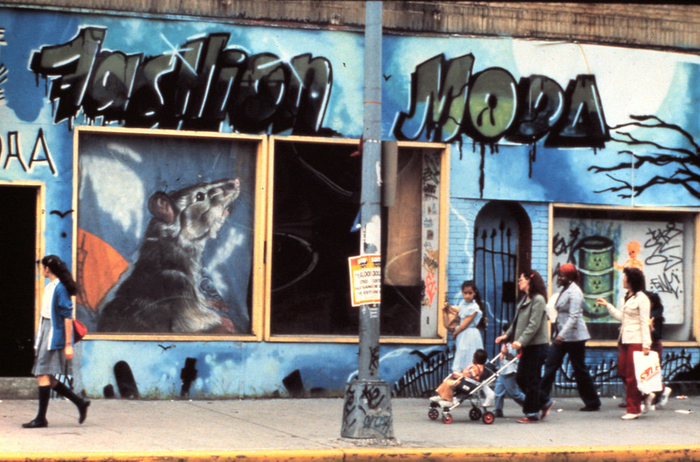 Exterior of Fashion/Moda with mural by Crash, 1982. Photo by Lisa Kahane