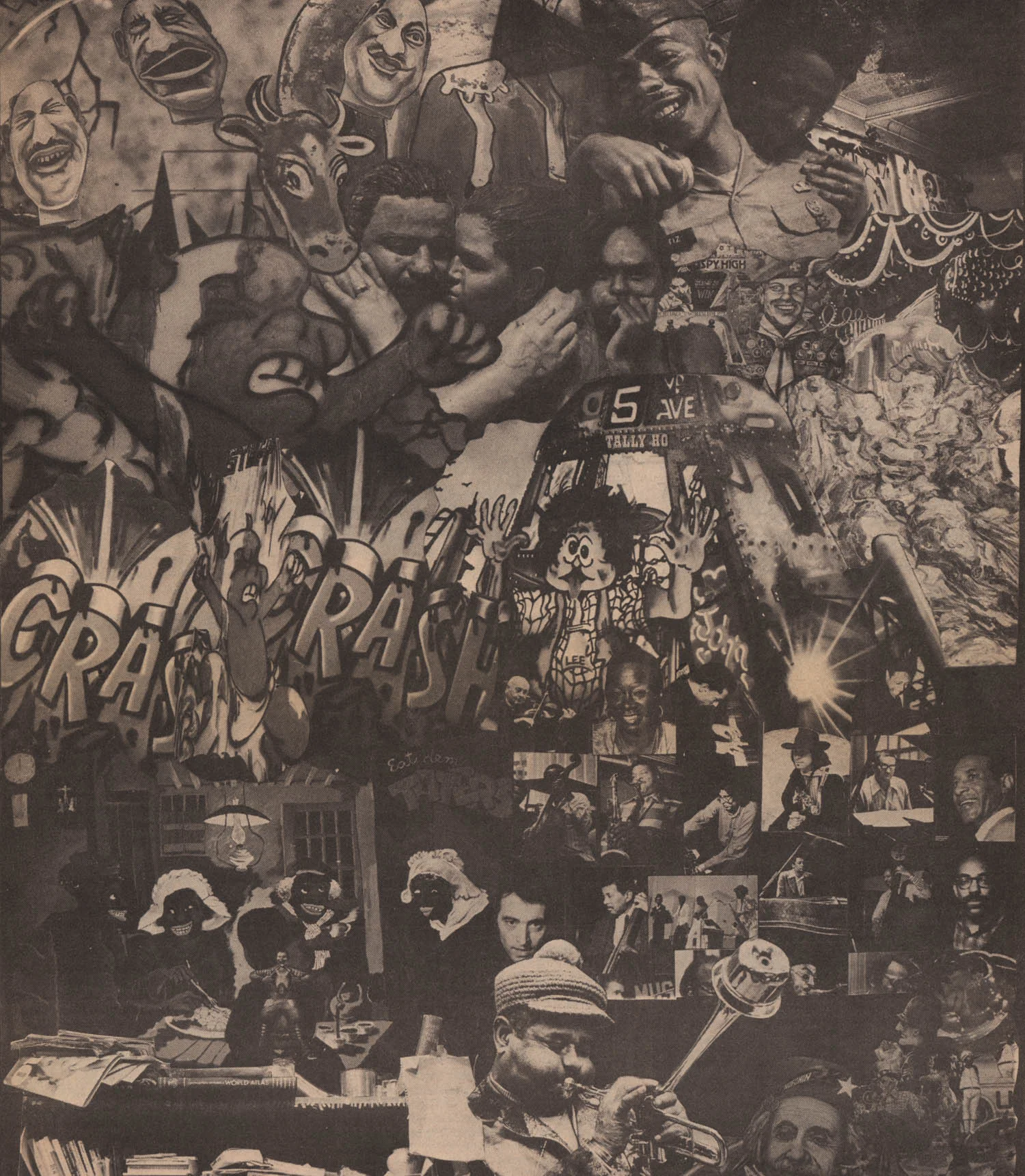 Collage by Wesley Sanderson appearing in the East Village Eye 's Christams, 1980 issue. Marc Brasz's paintings are visible at upper left; below them L'il Hot Stuff gritting his teeth with the logo "Don't Buff the Stuff" (the New York City Transit Authority routinely strips graffiti from subway trains using a powerful solvent called "the buff"); at right are casts by John Ahearn; below them an image of a man in the trainyards by Lee Quinones; images of jazz musicians by different photographers; at lower left a painting by Robert Colescott