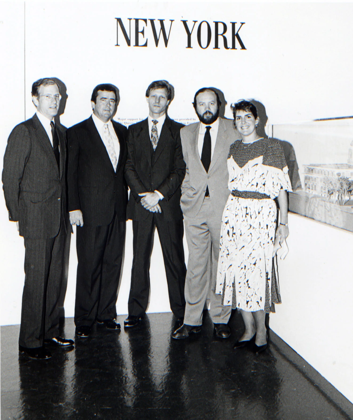William R. Blake II, chairman of the Queens Museum board (second from left), director Janet Schneider, and funders for New New York , 1987