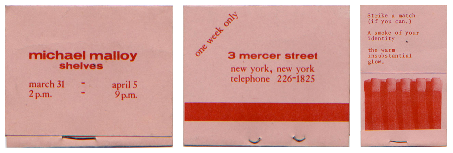 Front back and inside of Mike Malloy’s invitation card for “Shelves” at 3 Mercer Street.