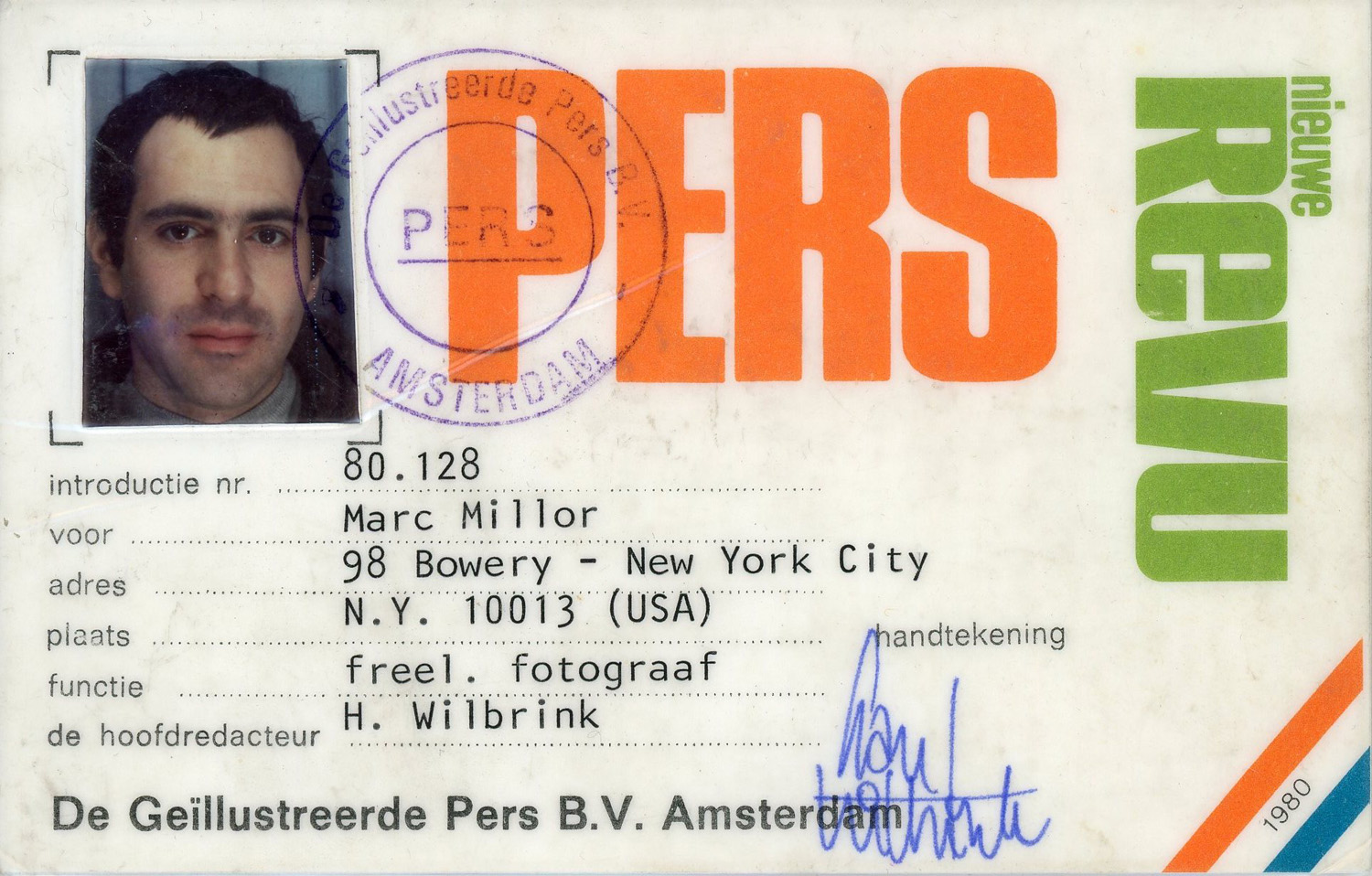 Press ID issued by the Nieuwe Revu, 1980