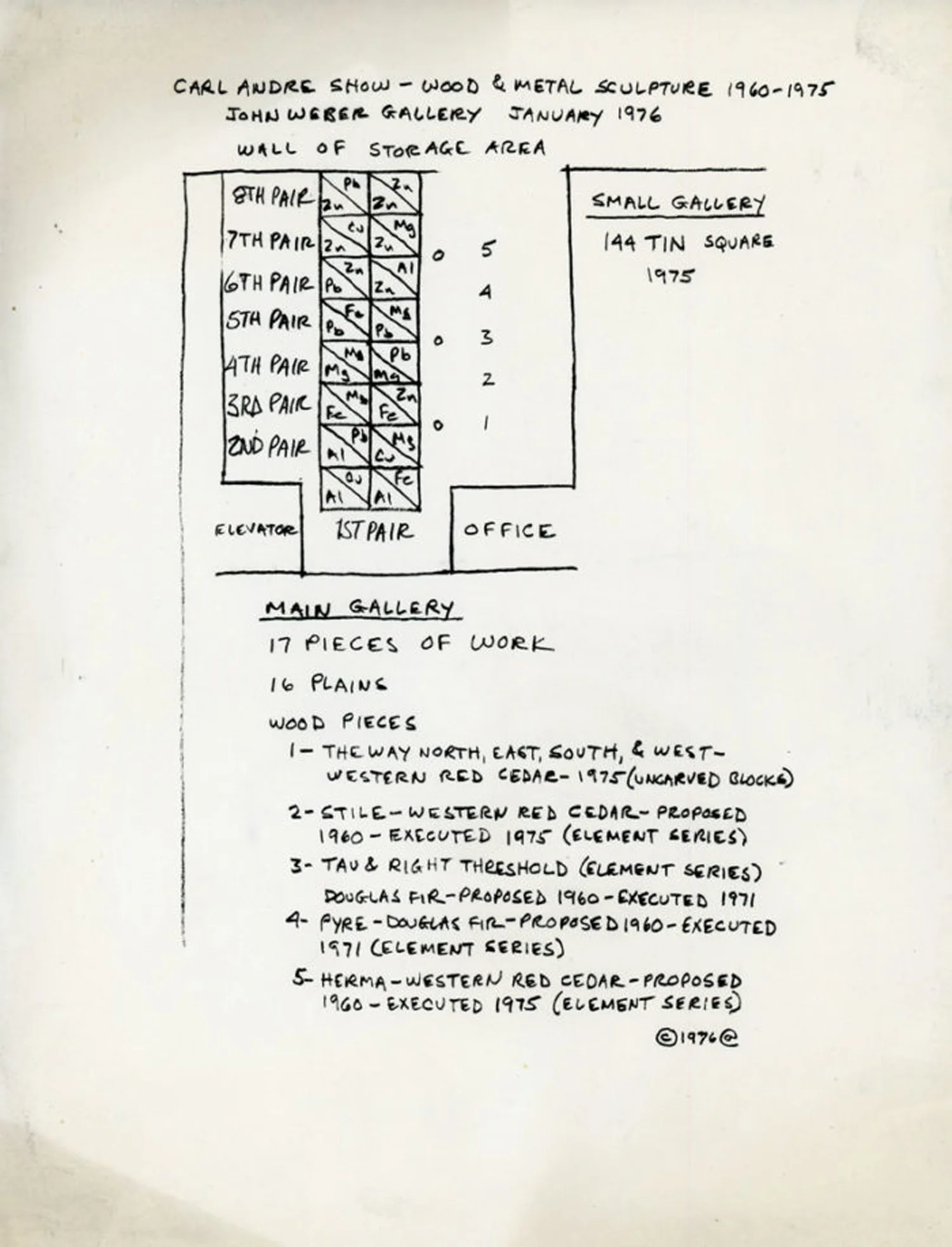 John Weber Gallery, Carl Andre, Wood & Metal Sculpture 1960-1975, Exhibition Map and Item List, 1976