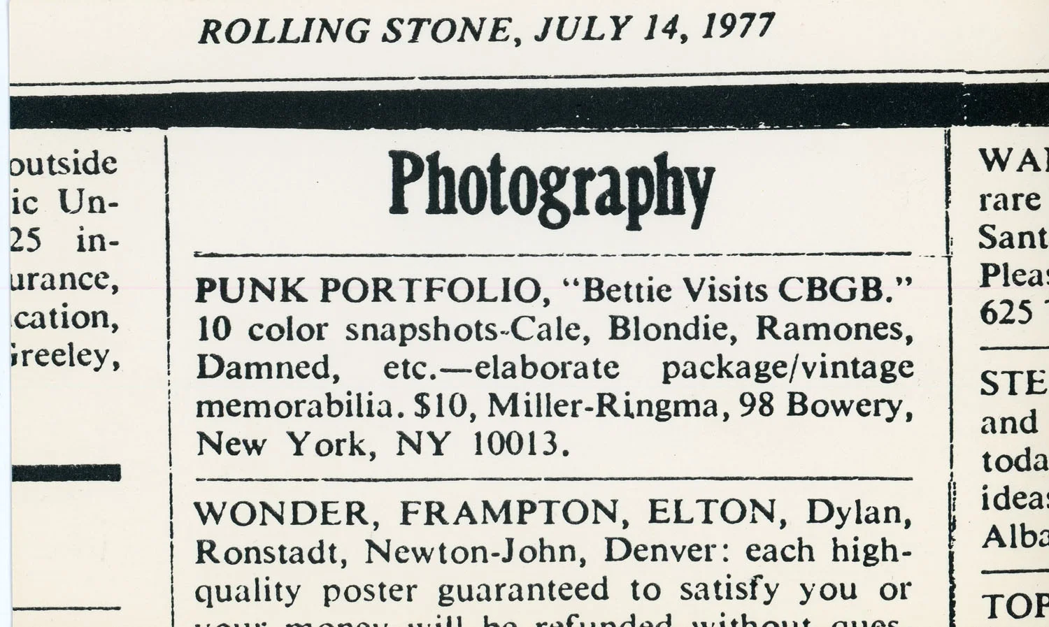 Advertisement for ‘Bettie Visits CBGB’ Punk Portfolio in Rolling Stones, 1977