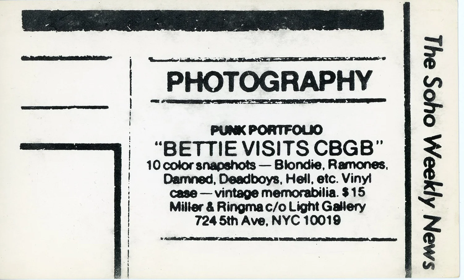 LIGHT Gallery, Miller & Ringma, Bettie Visits CBGB, Promotional Card, 1978