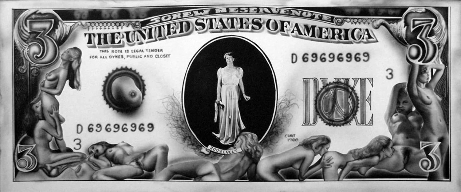 Curt Hoppe, The Queer Three Dollar Bill (Eleanor Roosevelt), airbrush and collage on illustration board (for Screw centerfold), 1980
