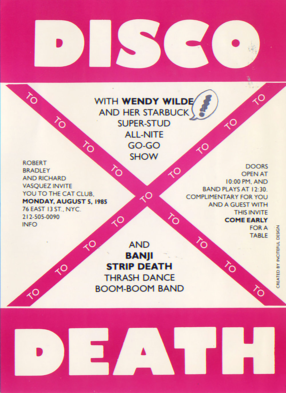 Cat Club, Disco to Death With Wendy Wild, Postcard, 1985