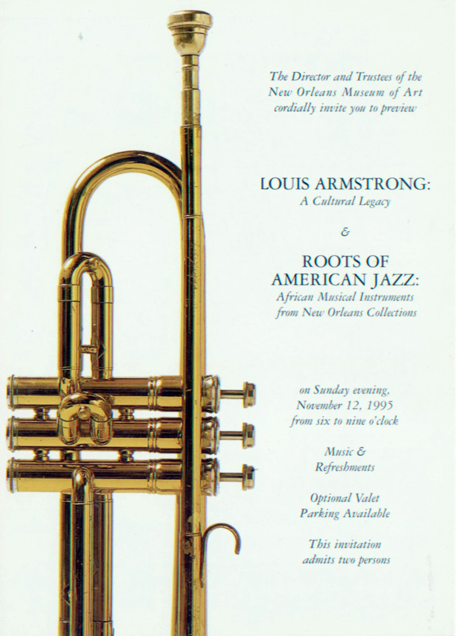 Invitation to the preview for "Louis Armstrong: A Cultural Legacy" at the New Orleans Museum of Art