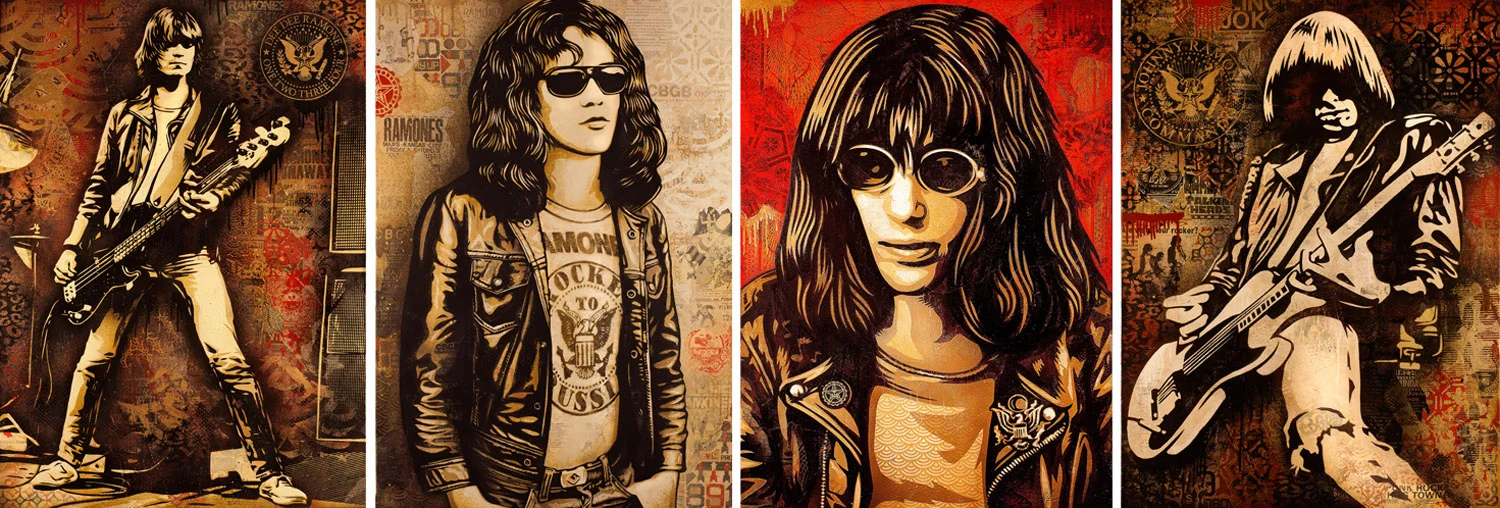 Shepard Fairey's portraits of the four original Ramones. Left to right: Dee Dee, Tommy, Joey, and Johnny. Courtesy the artist and OBEY Art.