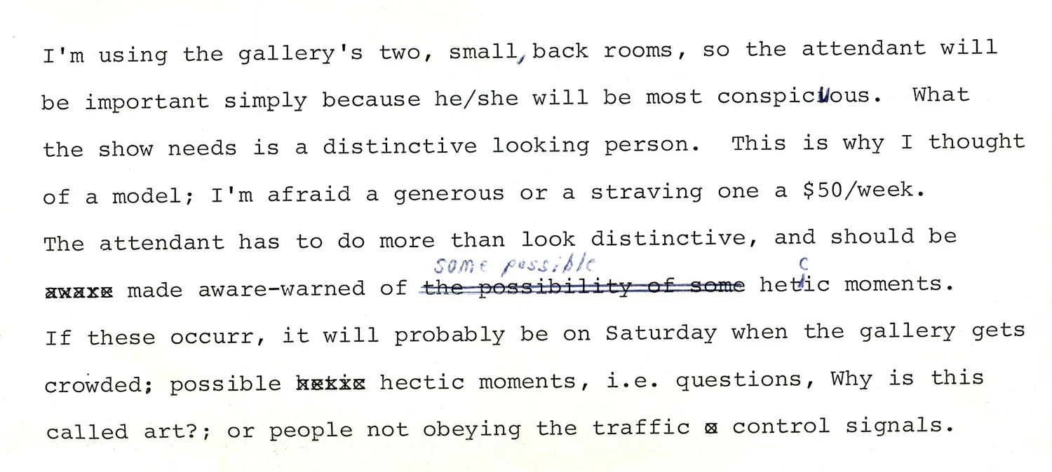 Mike Malloy, letter inquiring for a model for his exhibition “Insure the Life of an Ant”, c. 1971/72.