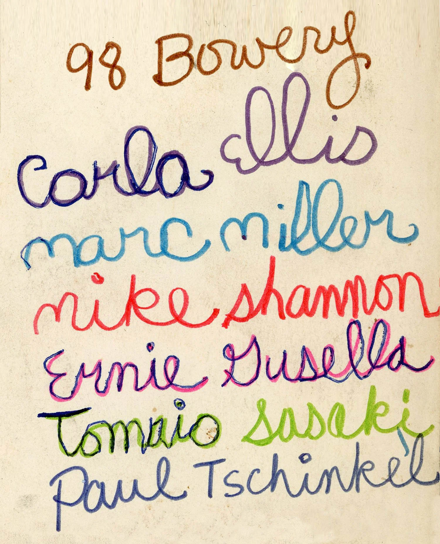 Carla Dee Ellis, “First Residents of 98 Bowery,”, marker and pen drawing on cover of sketchbook, c. 1970.