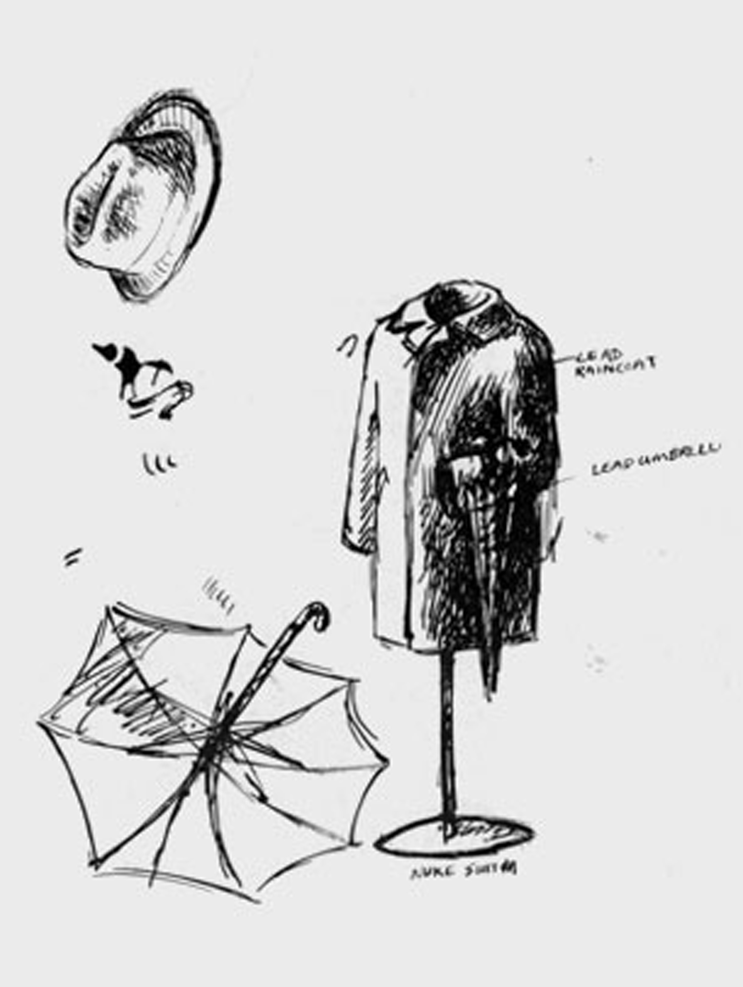 Tom Otterness, drawing for lead raincoat, ink on paper