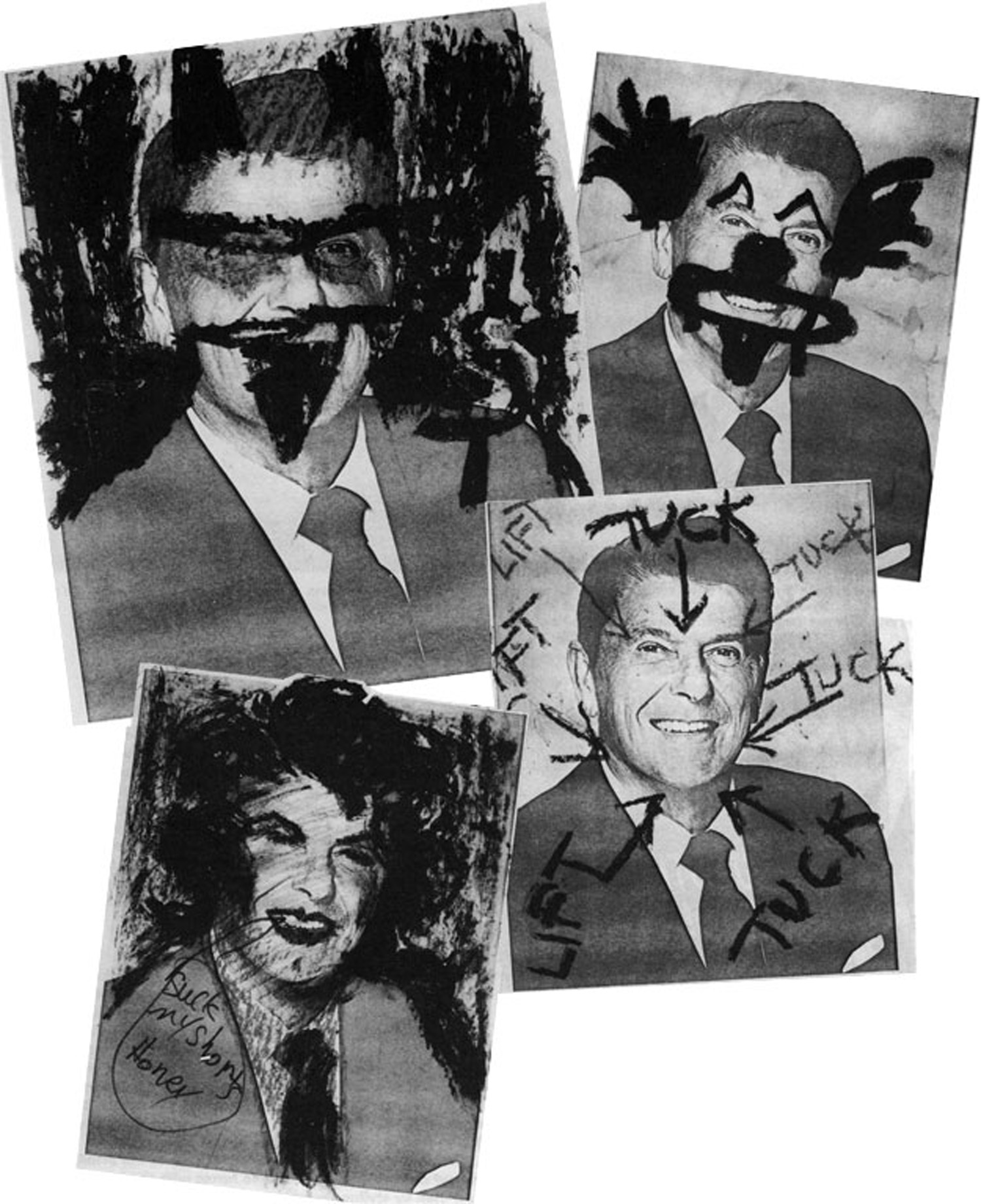 Individual anonymous graffiti on Reagan portraits, part of the matrix of images at the "Inagural Reaction"