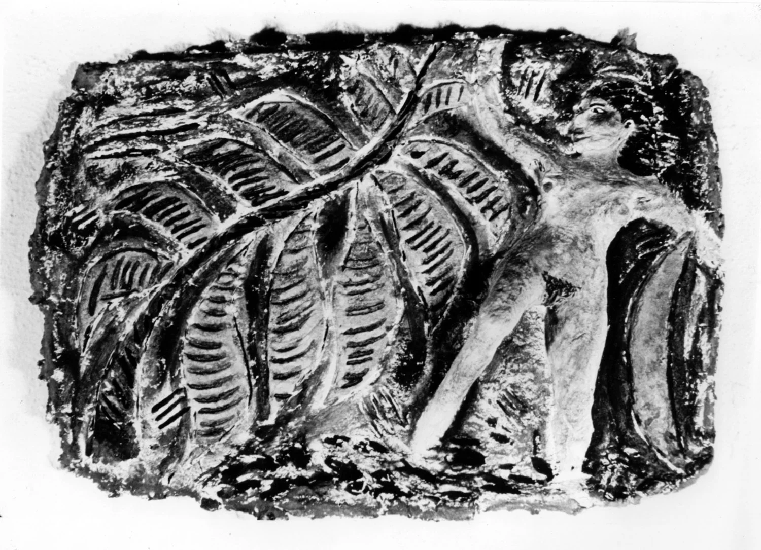 Cave Girl , by Ellen Cooper, painted papier mache plaque