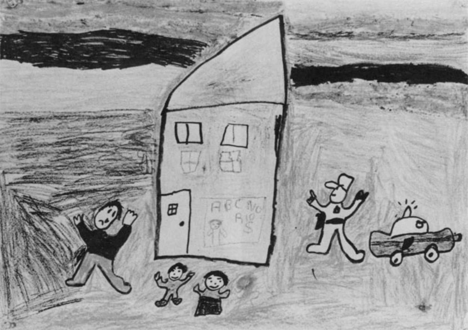Drawing by Raymond Acosta shows police arriving at No Rio to investigate the disappearance of Becky Howland's twenty dollars