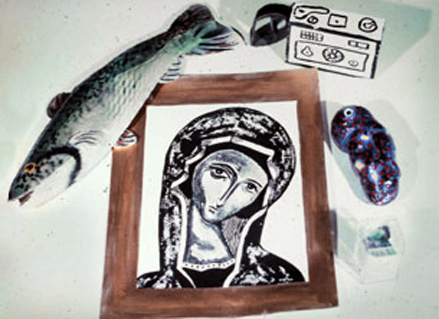 Selection of items from the A. More Store at the Jack Tilton Gallery, 1983-84. "Fish" by Christy Rupp, "Camera" by Kiki Smith, "Love Canal Potatoes" by Becky Howland, "Madonna" by Jolie Stahl
