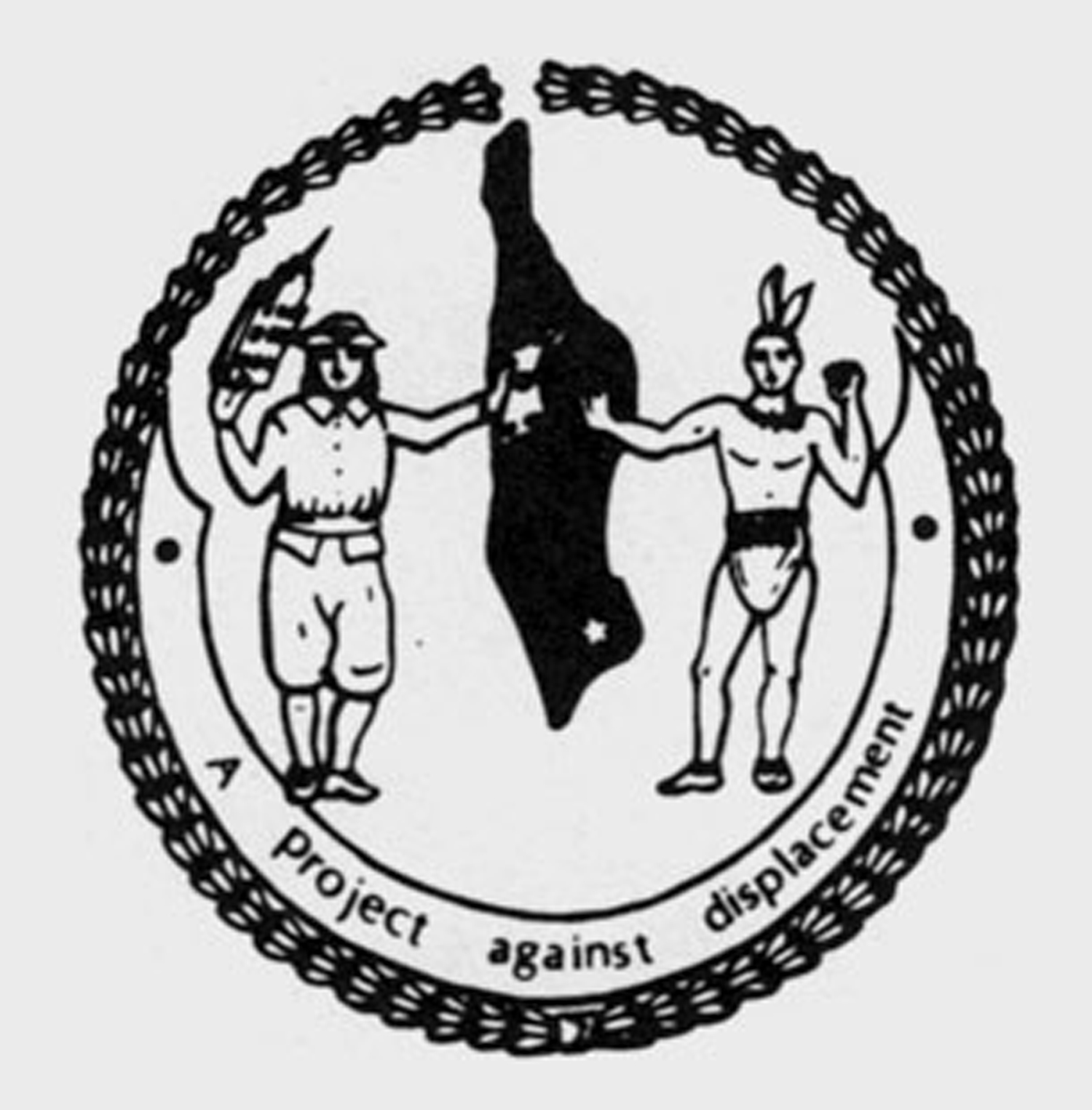 Logo of the Not For Sale committee is based on the City of New York's emblem, except that here the Indian rejects the Dutchman's money.