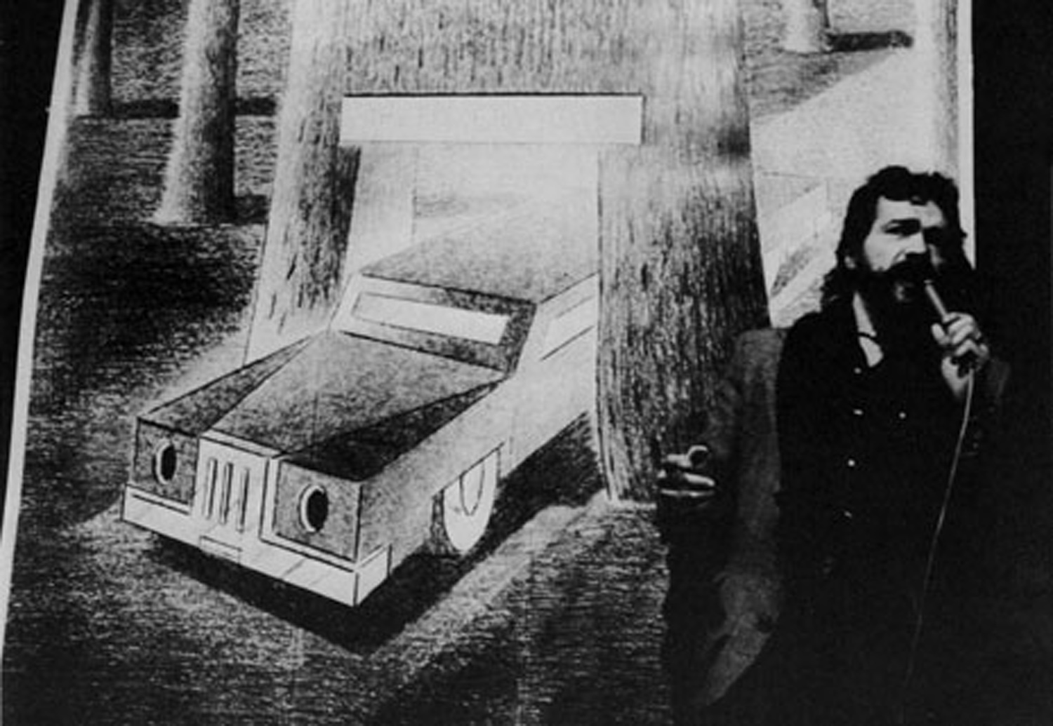 Bimbo Rivas reads in front of a backdrop by Anton Van Dalen. Photo by Teri Slotkin