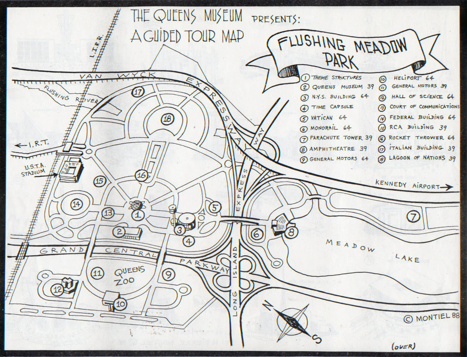 Artist and World's Fair enthusiast H. Pierre Montiel created this map of Flushing Meadow Park, and used it to lead tours for the Queens Museum. The museum (#2) is situated among other sites from the New York World's Fairs in 1939 and 1964.