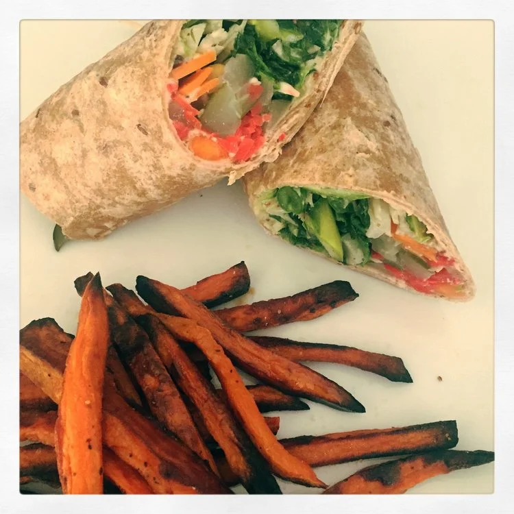 Veggie Wrap with Sweet Potato Fries