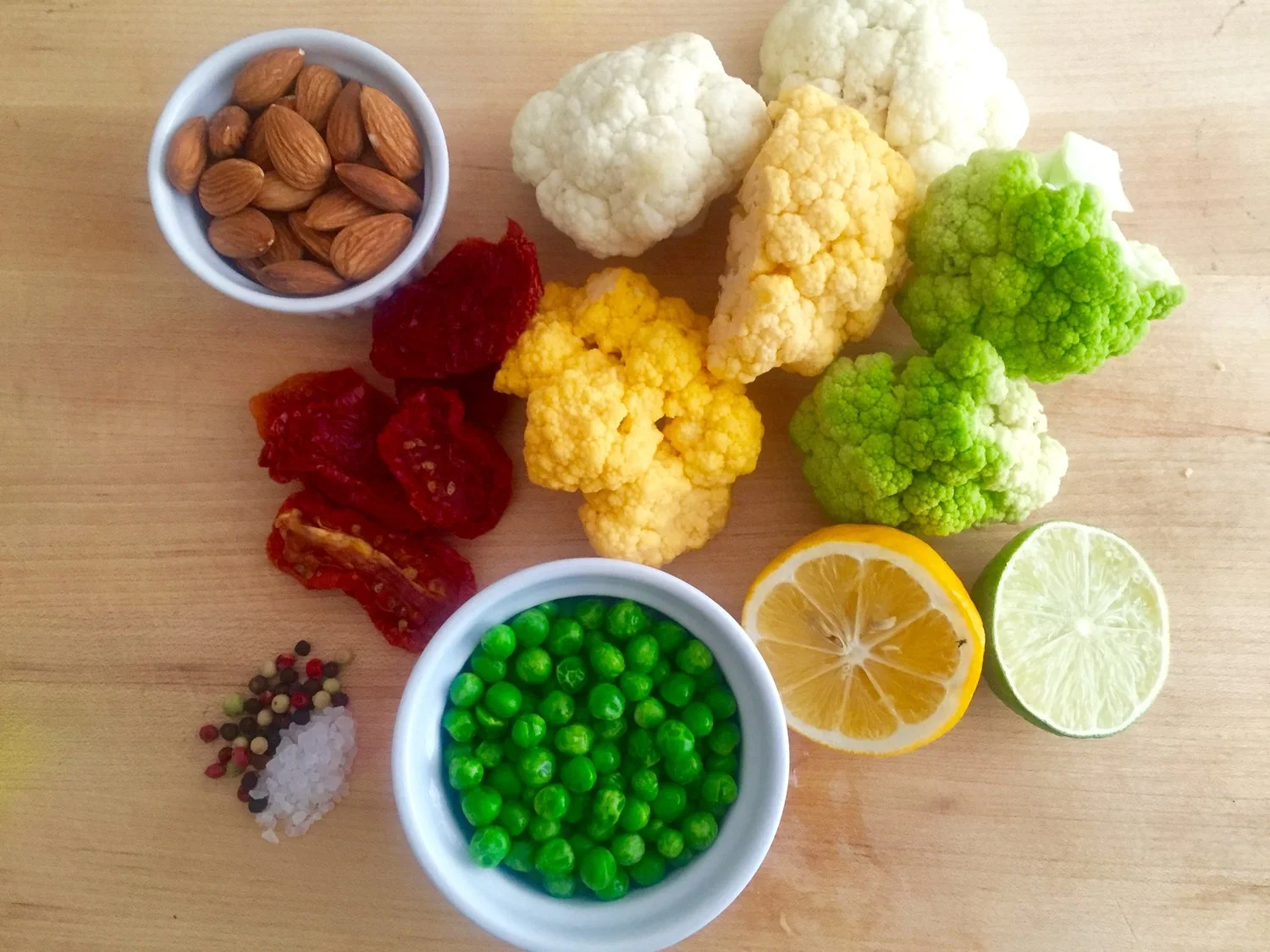 Mise en Place of Heirloom Cauliflower and Peas