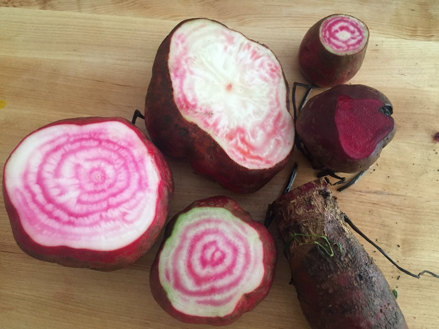 You never quite know which beets are which until you slice them open. these beets still need to be peeled and washed.