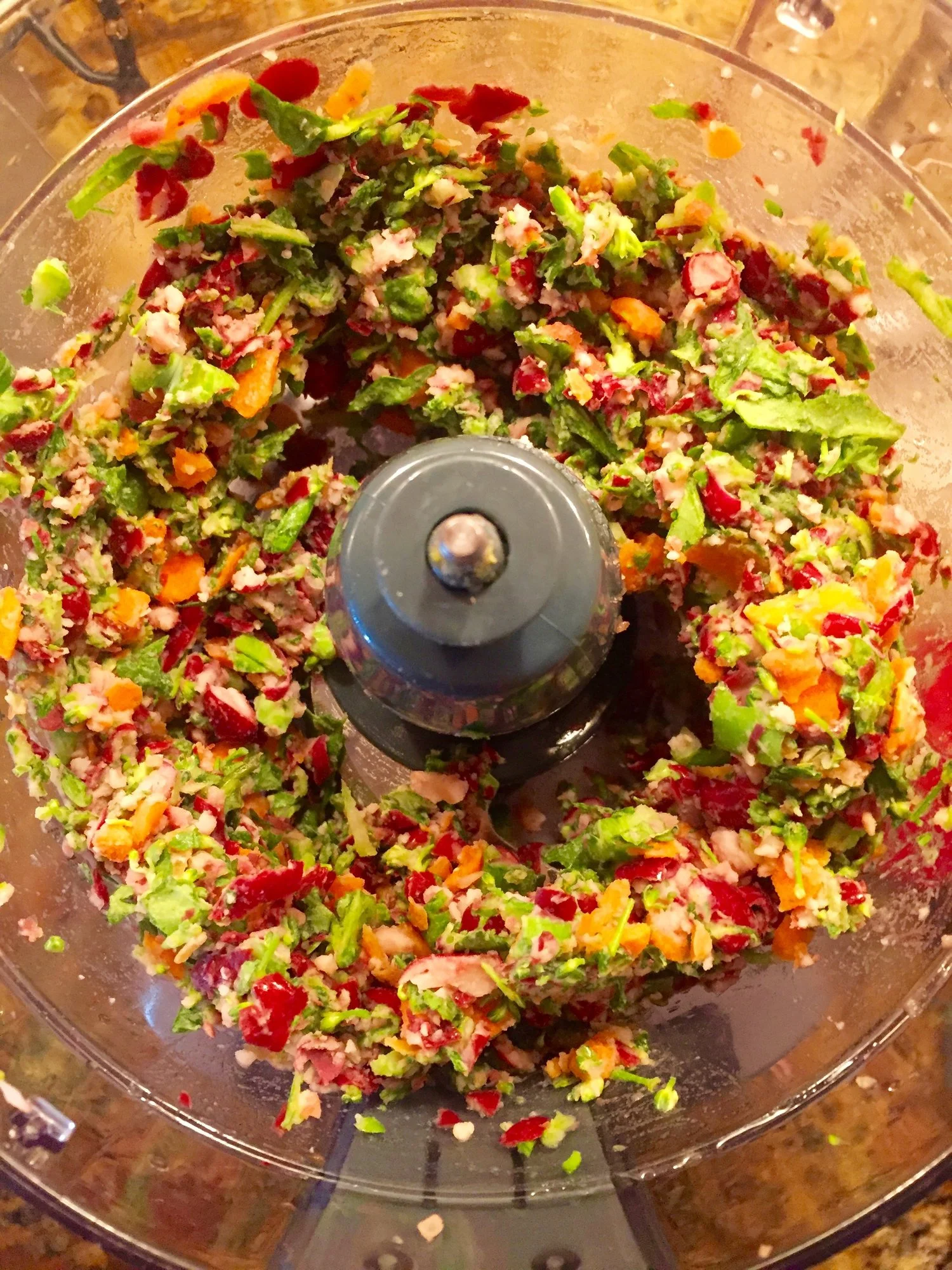 Add beet-"rice into processed mixture and pulse to combine beets. This is what the mixture should look like after it's been processed.
