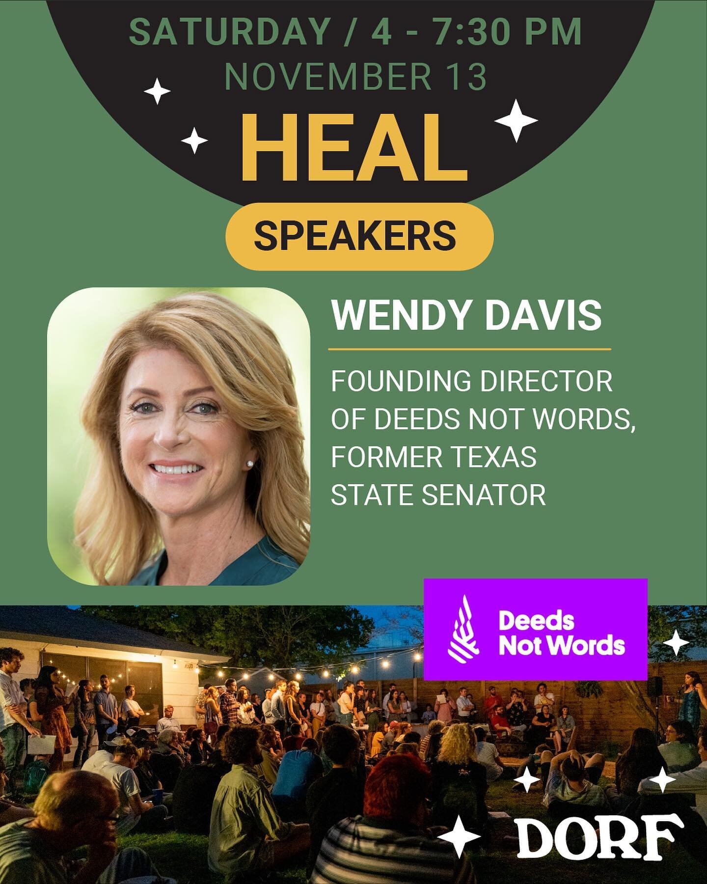 THIS SATURDAY: 4-7:30 - we are so excited to come together with the community! Join us for an evening of art, advocacy, activism, and healing. Huge thanks to our partners and speakers! @deedsnotwords @wendydavistexas @jasminefor100 @gregcasar @goodyh