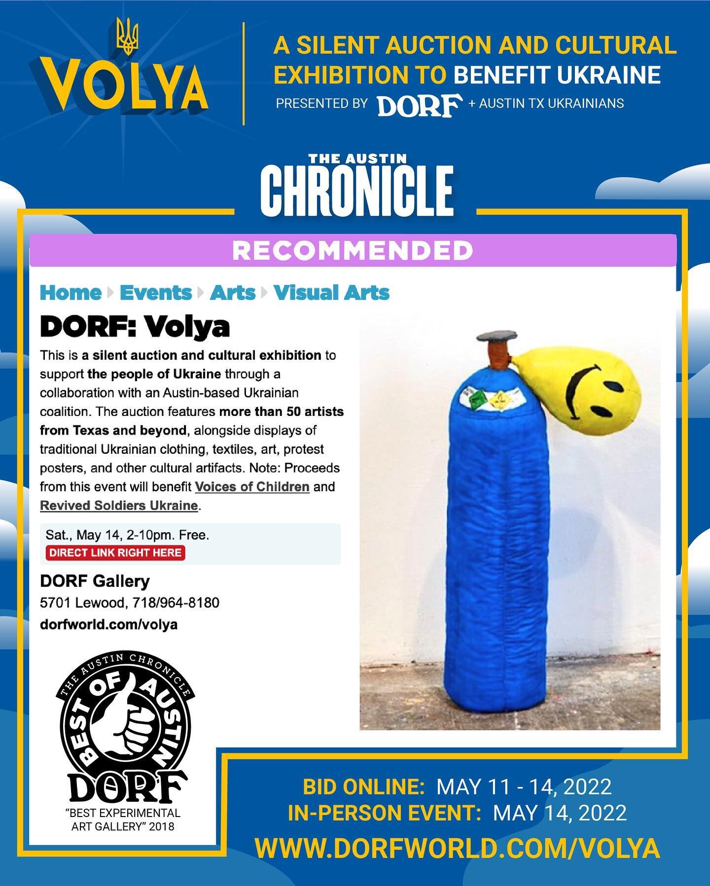 Thank you for recommending us @austinchronicle ! Our silent auction to benefit Ukraine opens tomorrow at noon! Works on view at DORF this Saturday, May 14 from 2:00-10:00 pm. Auction ends at 9:00 pm. Full event info at www.dorfworld.com/volya (link i